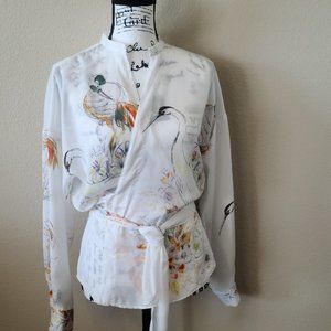 ZARA FLORAL CRANE HERON BIRD CREAM WRAP TOP SIZE L